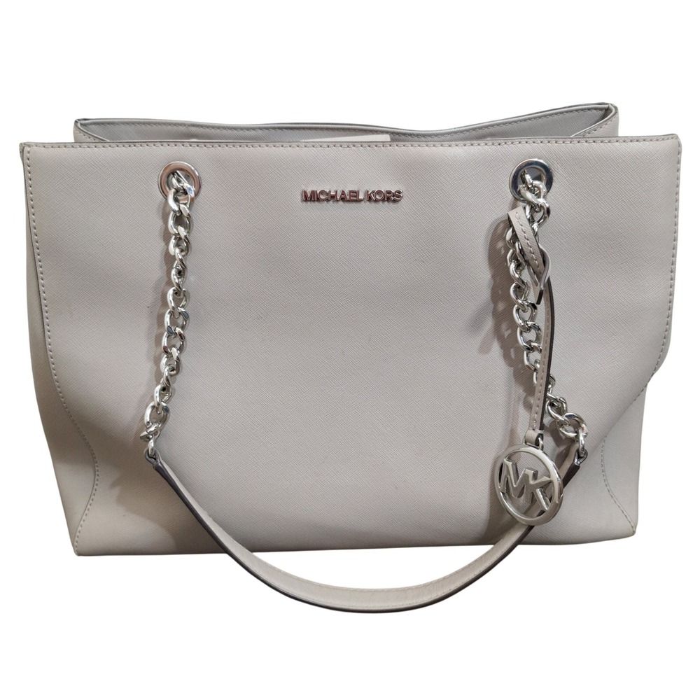 Michael Kors Jet Set Saffiano Leather Chain Tote Bag Gray Silver Hardware Large